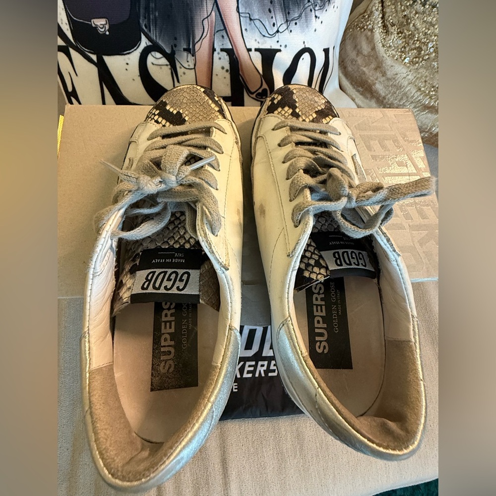 Golden Goose Snakeskin, Silver and White Sneakers